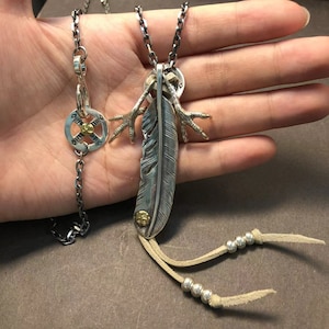 Japan Takahashi Goros Feather Bird Necklace Set Big Feathers 66x14mm Retro Sterling 925 Silver Hip Hop style Necklace