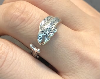 Bague ajustable rétro en argent sterling 925, bague poisson, bague pour amoureux des animaux, bague minimaliste, bague motard, bague de fiançailles, bijoux artisanaux