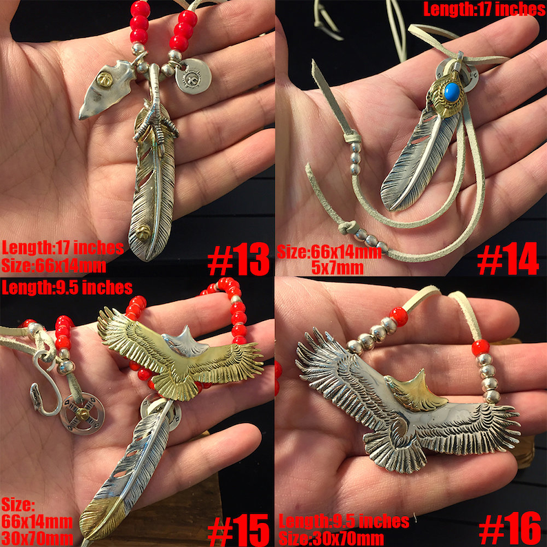 May include: Four silver and gold necklaces with eagle and feather pendants. The necklaces are on red and white cords. The necklaces are numbered 13, 14, 15, and 16. Length: 17 inches. Size: 66x14mm, 5x7mm, 30x70mm.