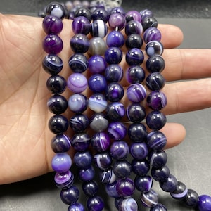 Ágata morada natural, cuentas redondas de piedra curativa para pulseras, collares, bisutería, diseño de abalorios, 4 mm, 6 mm, 8 mm y 10 mm.