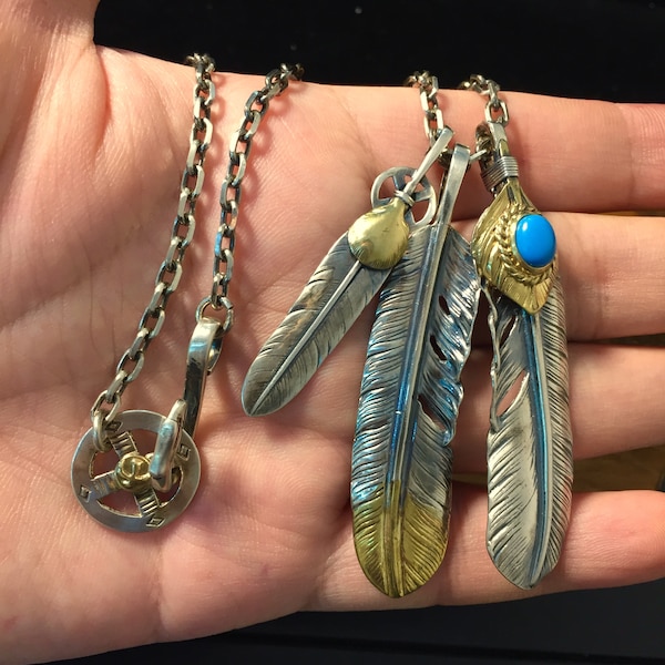 Japón Takahashi Goros Feather Bird Necklace Set Big Feathers 66x14mm Blue Turquoise 5 * 7mm Retro Sterling 925 Silver Hip Hop estilo Collar