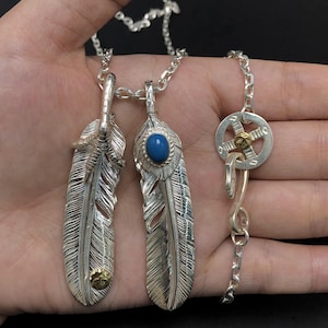 Japan Takahashi Goros Paw Feather Bird Necklace Set Big Feathers 66x14mm Blue Turquoise 5*7mm Sterling 925 Silver Hip Hop style Necklace