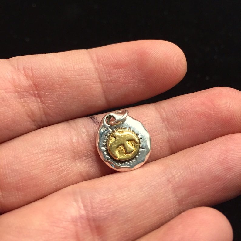 K&ouml;nnte beinhalten: Ein silberner ovaler Anh&auml;nger mit einer strukturierten Oberfl&auml;che und einem goldenen Vogelmotiv in der Mitte.