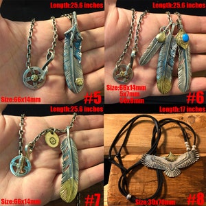 May include: Five silver and gold feather necklaces with different designs. The necklaces are 25.6 inches long, except for the last one, which is 17 inches long. The necklaces have different sizes, ranging from 66x14mm to 30x70mm.