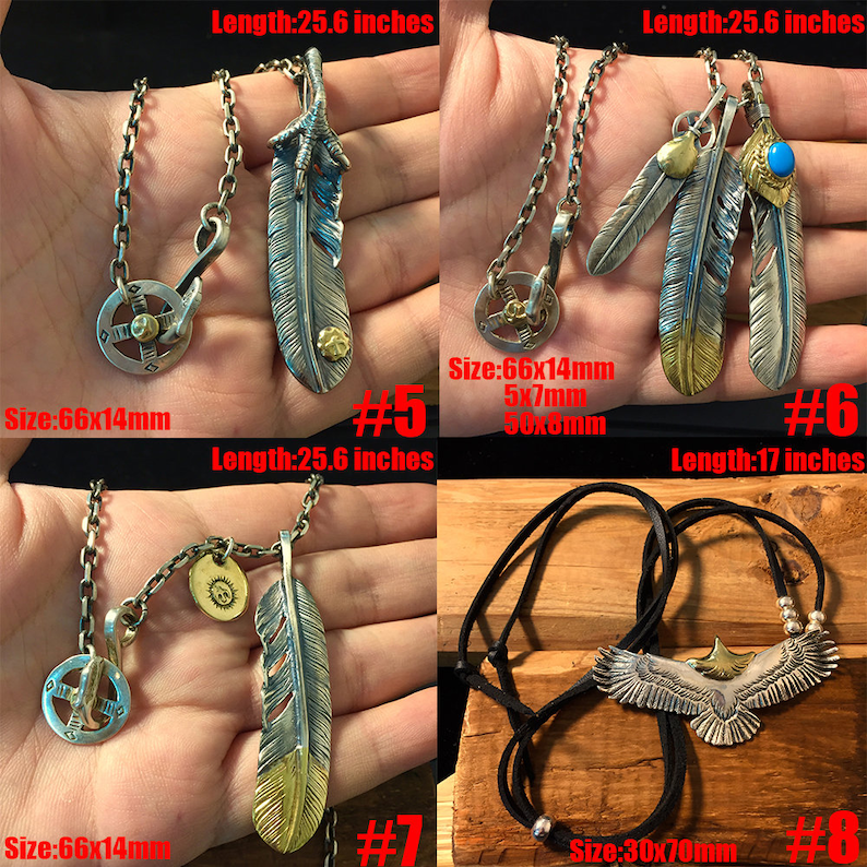 May include: Five silver and gold feather necklaces with different designs. The necklaces are 25.6 inches long, except for the last one, which is 17 inches long. The necklaces have different sizes, ranging from 66x14mm to 30x70mm.