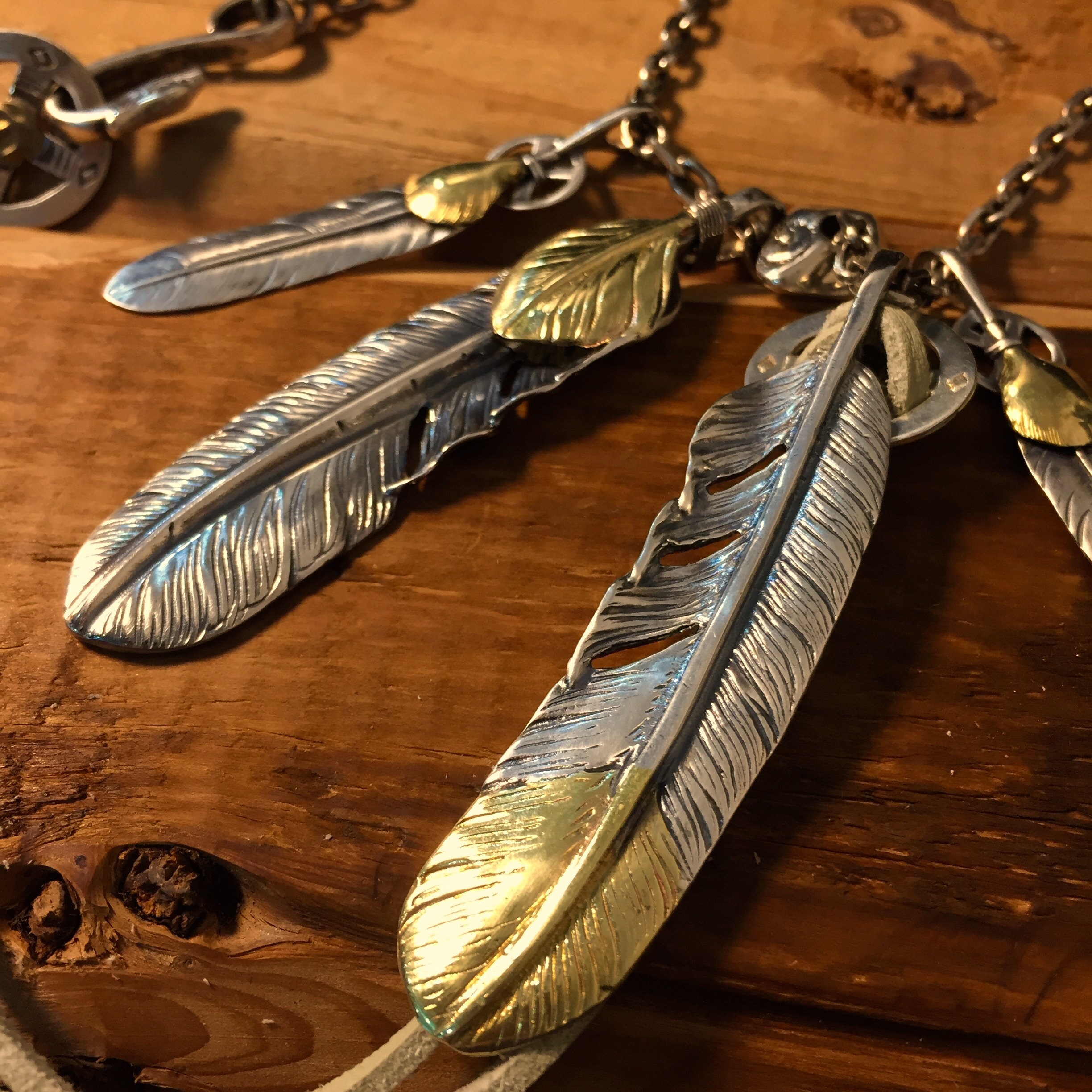 アクセサリー Japanese Leather Stone Feather Necklace Japan Takahashi Goro Silver Feather Leather Necklace