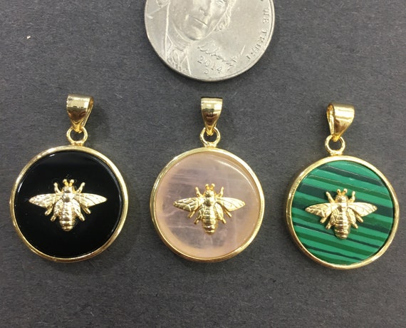 18x18mm Multi Type Gemstone Dangle or Charm, 18K Gold Rhodium Over Brass Pendant with Bee Beads For Jewelry Design and Jewelry making
