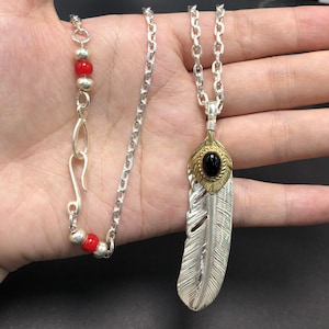 Japan Takahashi Goro Feather Bird Necklace Set Feathers 66x14mm Black Onyx 5x7mm Retro Sterling 925 Silver Hip Hop style Necklace