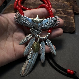 Japan Takahashi Goro Silver Feather Leather Necklace Right Feather 66x14mm Eagle 30x70mm Retro Sterling 925 Silver Hip Hop style Necklace