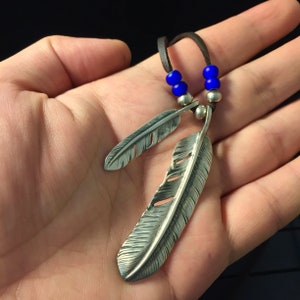 Japan Takahashi Goro Silver Feather Leather Necklace Big Right Feather 66x14mm Small Feather 7x40mm Retro Sterling 925 Silver Hip Hop style