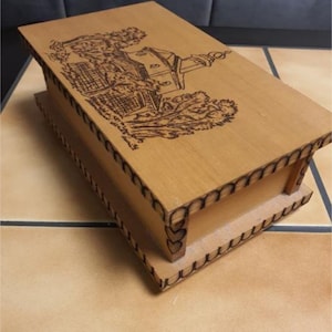 Handmade Wooden Jewelry Storage Box - Church With Surroundings Engraving Theme - Hand Crafted and Carved - Vintage - 23x14x9cm - 1991