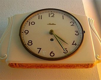 Mauthe Mechanical ART DECO Ceramic Wall Clock - Made in Germany 1952 - White - 28x19cm/11x7.5in - Working Condition - Vintage - Limited Ed.