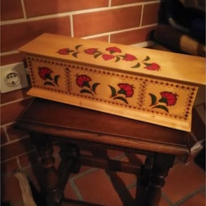 Handmade Wooden Jewelry Storage Box - Red Flowers Theme - Hand Crafted, Painted and Carved - Vintage - 23x14x9cm