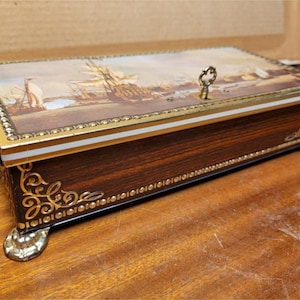 Handmade Wooden Jewelry Storage Box - Ships in Harbour Theme - Hand Crafted, Painted and Carved - Vintage - 24x12x6cm - Lock and Key