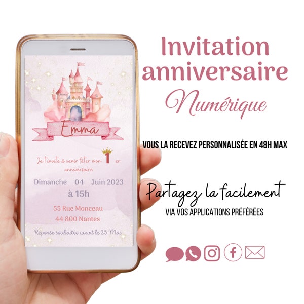 Invitation anniversaire princesse et chateau ,invitation enfant en francais,faire part anniversaire numérique à envoyer par sms