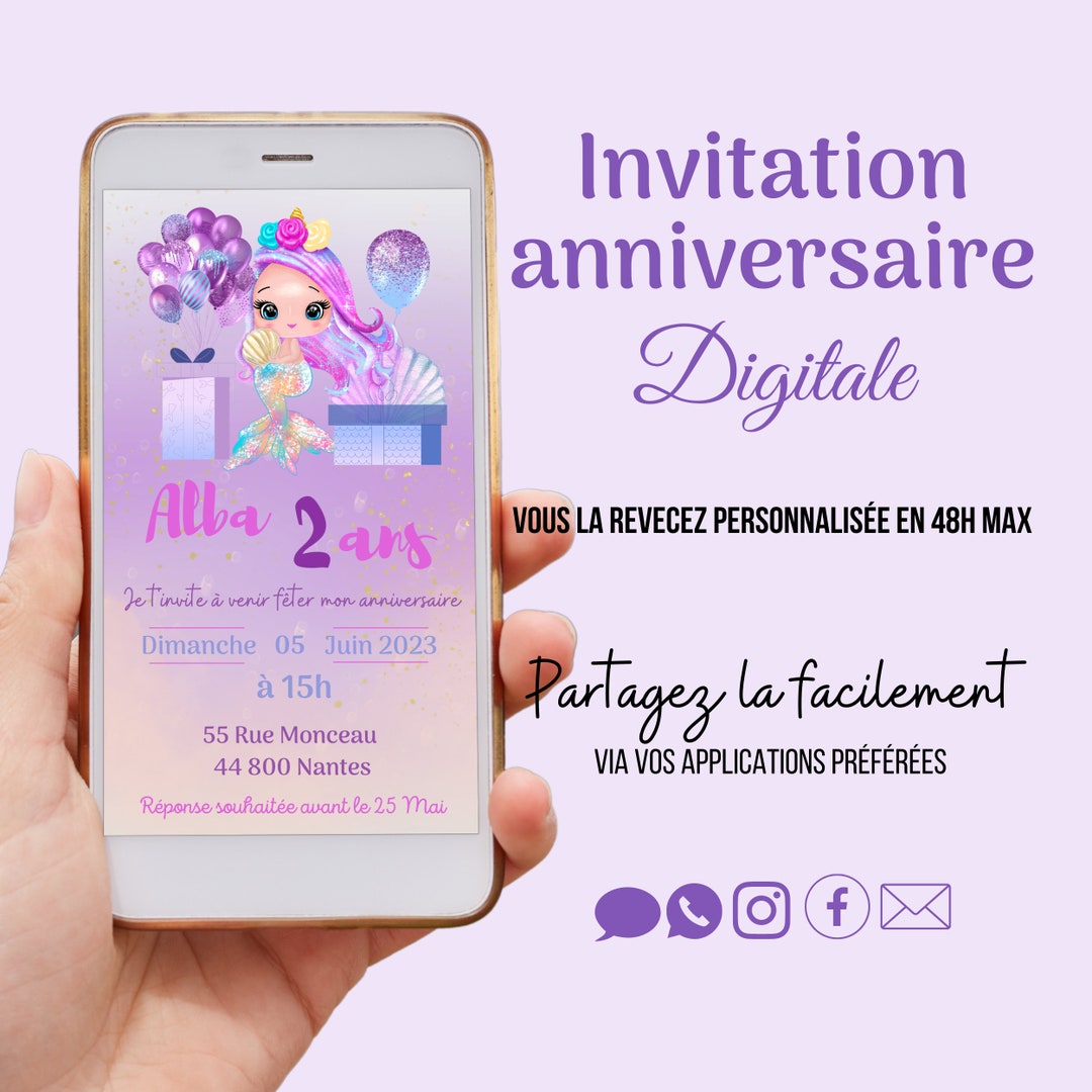Mermaid Birthday Invitation in French, Digital Invitation to Send by