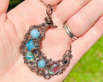 Wire Wrapped Moon Pendant: Copper, Agate & Quartz Crystal Moon Jewelry