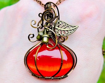 Wire Wrapped Pumpkin Pendant: Bronze Cat Eye Stone Necklace