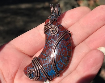 Dragon Vein Agate Moon Pendant: Antiqued Copper Wire Wrapped Jewelry