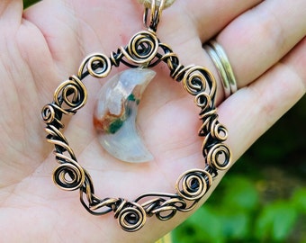 Wire Wrapped Agate Moon Pendant: Antiqued Copper, Adjustable Suede Cord