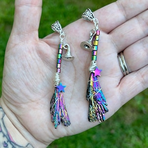 Broom pendant, rainbow kyanite broom pendant, handmade jewelry, wire wrapped pendants, crystal pendants, witchy jewelry, gothic jewelry