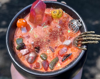 Cauldron Candle: Vegan Soy Wax, Crystals & Charms, Witchy Gift