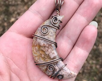 Dendritic Agate Moon Pendant: Antiqued Copper Wire Wrapped Chakra Jewelry