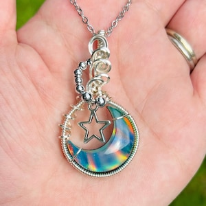 Wire Wrapped Moon Pendant: Aurora Opal Doublet, Hypoallergenic Necklace