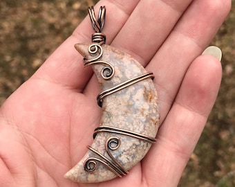 Dendritic Agate Moon Pendant: Antiqued Copper Wire Wrapped Chakra Jewelry