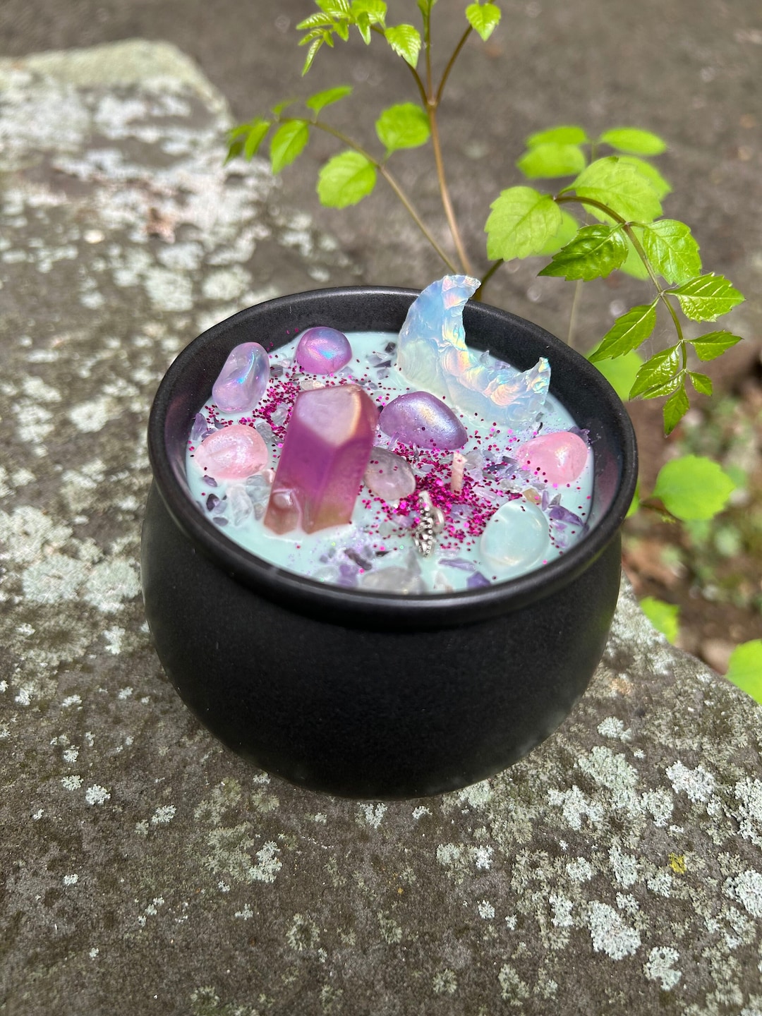 Cauldron Candle With Crystals, Charms, Essential Oils and More Mystical