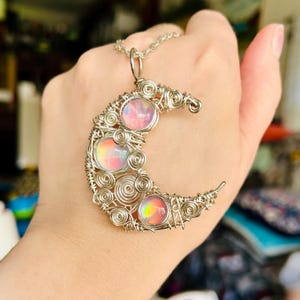 Wire wrapped moon pendant, angel aura opal doublet, Silver, jewelry, necklace, handmade