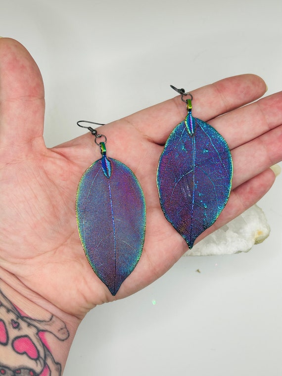 Rainbow Purple Leaf Earrings: Stainless Steel Filigree, Hypoallergenic