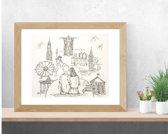 Personalised Drawings - You, Me and the places we've been  I Made to order I [example piece]
