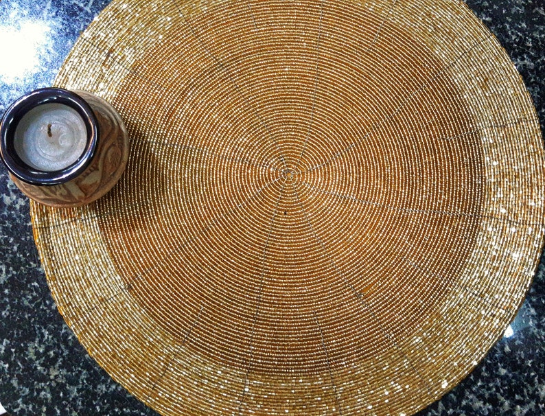 Set of 2 Antique Gold Colored Round Placemats Glass Beaded Wire Placemats