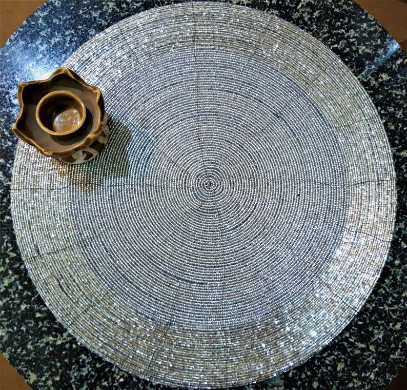 Set of 2 Antique Gold Colored Round Placemats Glass Beaded Wire Placemats