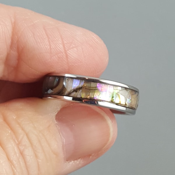 6mm Silver Abalone Ring, 316L Stainless Steel Band, Wedding Ring Band, Comfort Fit, Minimalist Jewelry, Thumb Ring, Friendship Anniversary