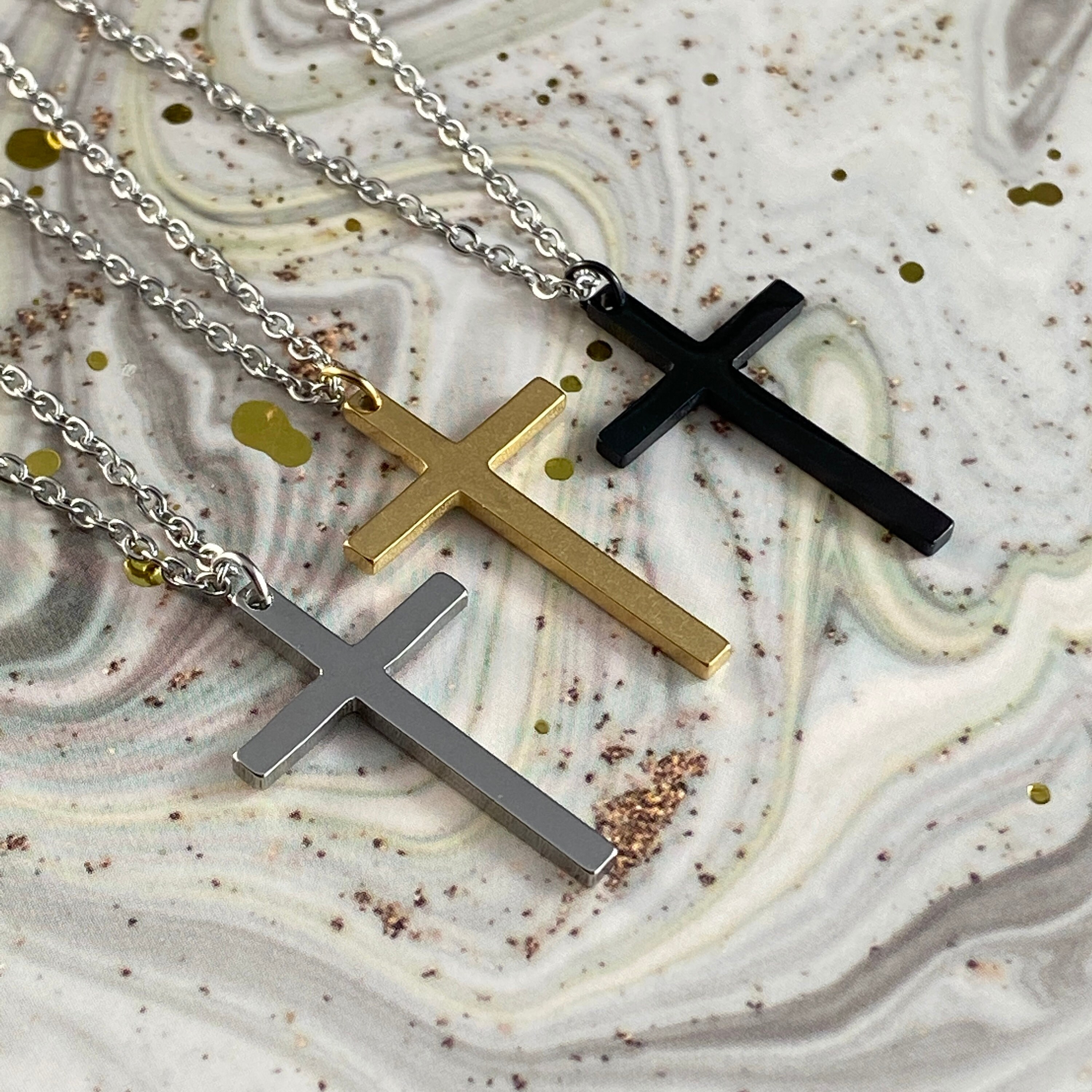 Gold or Black Cross on Silver Necklace, Hypoallergenic