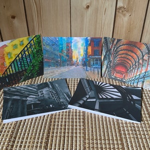 5 Handmade Blank Note Greeting Cards, Urban Architectural Photography to Watercolor, 5X7 7X5, Kraft Envelopes Included, Thank You, Birthday
