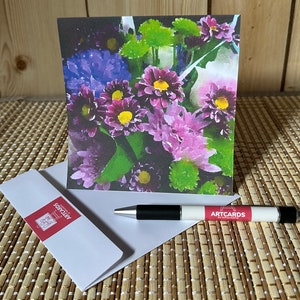 Bouquet de fleurs violet - Carte de voeux vierge 5 x 5 - Enveloppe incluse - Papier cartonné de qualité - Archives - Une petite oeuvre d'art pour vous