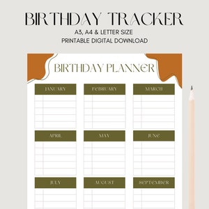 Birthday Tracker, Birthday Calendar, Birthday Planner, Wall Planner - Instant Digital Download PDF, Printable