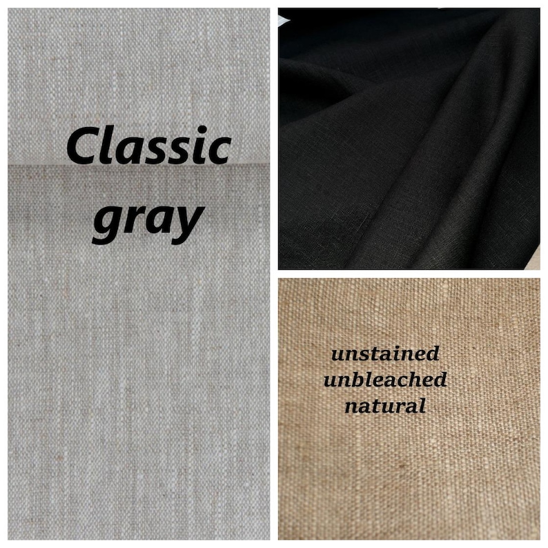 May include: Three fabric swatches: a classic gray linen, a black linen, and an unbleached natural linen.