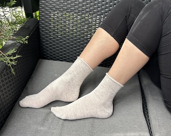 6 pairs linen socks unbleached undyed grey.Non elastic cuff socks men women. Slouch crew high socks.Breathable organic eco gift L-XL=10-12US