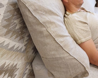 Linen bedside pillow with removable cover.Hemp lumbar pillow.Support pillow.Triangular linen pillow.Back pillow.Tatami pillow.Many colors