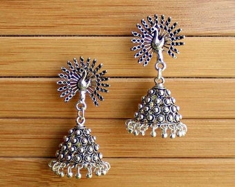 Indian Earrings Pakistani Jewelry Antique Jewellery Valentines Day Gift Silver-Plated /& Blue Handcrafted Peacock Shaped Drop Earrings