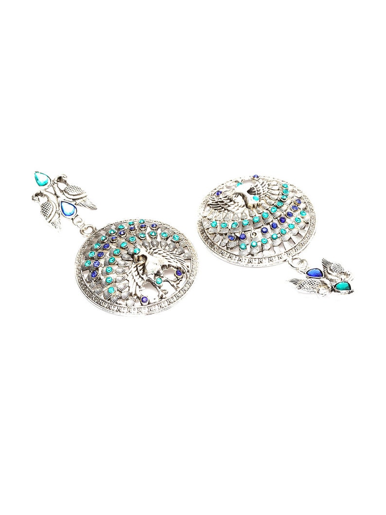 Indian Earrings Pakistani Jewelry Antique Jewellery Valentines Day Gift Silver-Plated /& Blue Handcrafted Peacock Shaped Drop Earrings