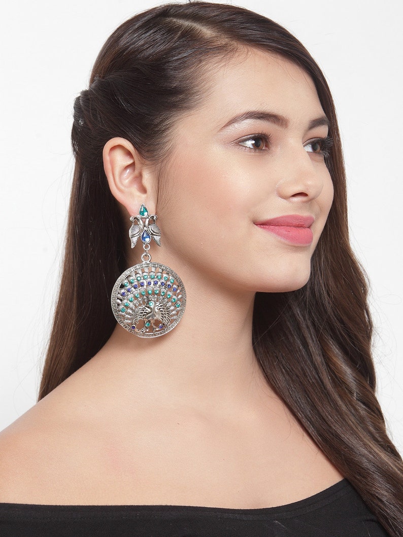 Indian Earrings Pakistani Jewelry Antique Jewellery Valentines Day Gift Silver-Plated /& Blue Handcrafted Peacock Shaped Drop Earrings