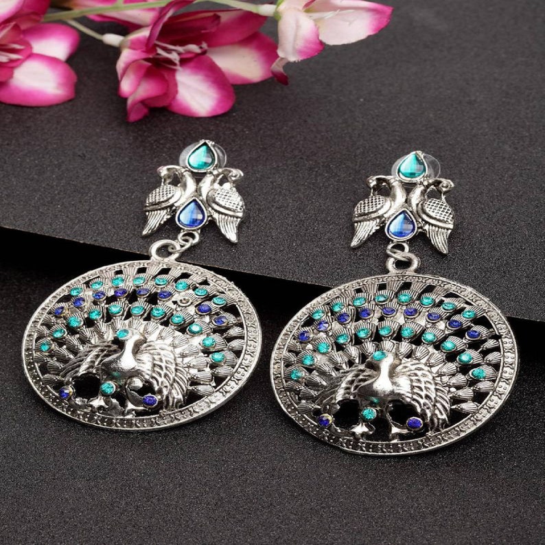 Indian Earrings Pakistani Jewelry Antique Jewellery Valentines Day Gift Silver-Plated /& Blue Handcrafted Peacock Shaped Drop Earrings