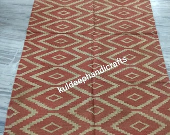 7'5x5'2 Brown and White Flatwoven Handmade Rug Indian Dhurrie Reversible Cotton Geometric Designer home d\u00e9cor New Year gift