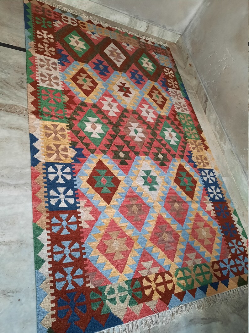Kilim Wool Jute Multicolour Runner Rug Dhurrie Carpet,5.5x6.5 Feet Runner,Long Runner Rug,Persian Tribal Runner,IndianTraditional Runner rug
