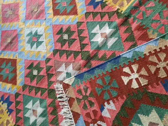 Kilim Wool Jute Multicolour Runner Rug Dhurrie Carpet,5.5x6.5 Feet Runner,Long Runner Rug,Persian Tribal Runner,IndianTraditional Runner rug
